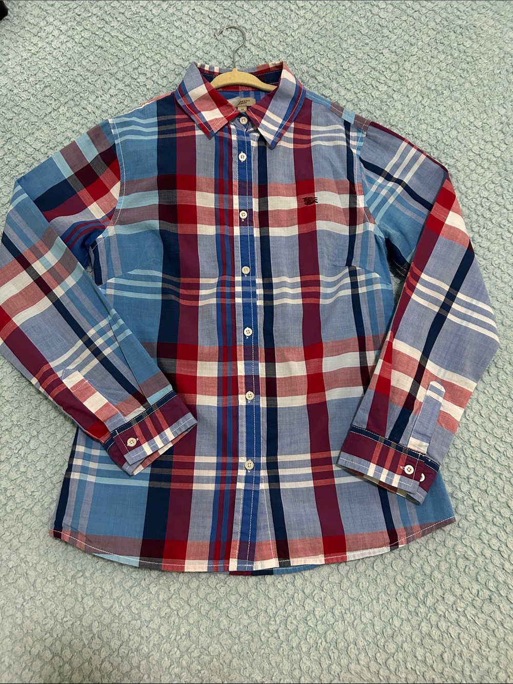 Burberry Red & Blue Plaid Cotton Button-Up Shirt, Boys size M/9/10 years